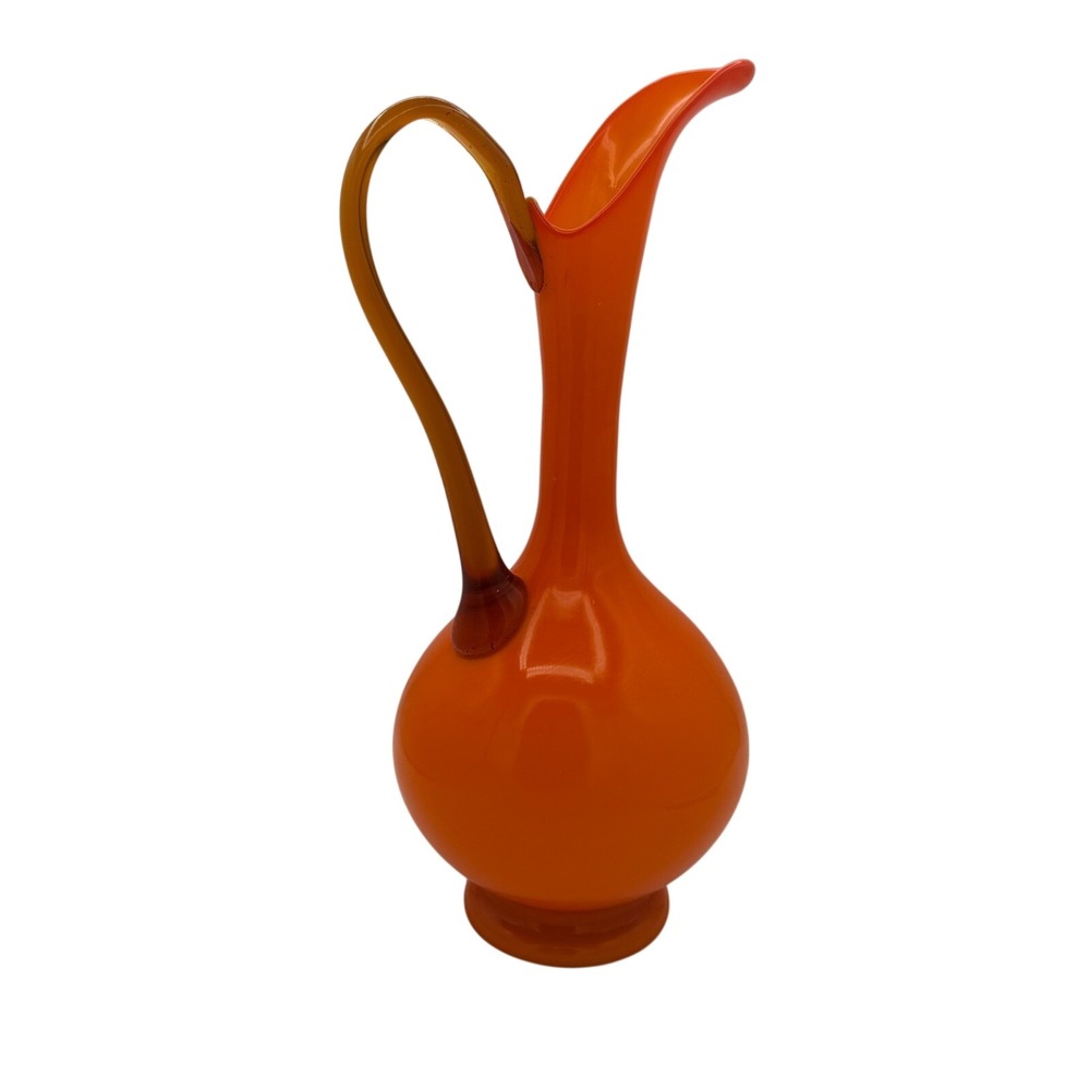 Vintage 14" Empoli Italian Orange Cased Glass Ewer Pitcher Vase Stelvia MCM